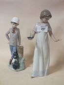 TWO NAO FIGURES OF A GIRL WITH A CHAMBER STICK AND A BOY WITH A DOG, WITHOUT MODEL NUMBERS