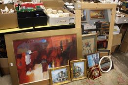 A COLLECTION OF PICTURES PRINTS AND MIRRORS TO INCLUDE A PAIR OF GILT FRAMED OIL ON CANVASES, PINE