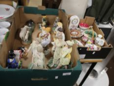 TWO TRAY OF CERAMICS TO INCLUDE AYNSLEY POSIES, CLOCK, VASES, ELEVEN FIGURES ETC