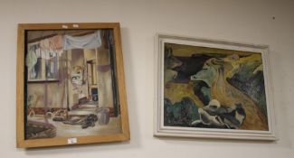 MARJORIE MARTIN - AN ABSTRACT OIL PAINTING ON BOARD AND ANOTHER ON CANVAS OF A BACK DOOR