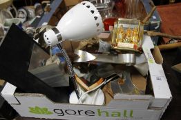 A BOX OF ORNAMENTS TO INCLUDE MIRRORS AND LAMPS
