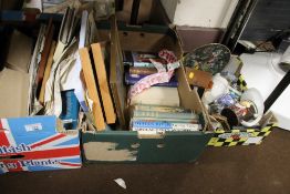 THREE BOXES OF SUNDRIES TO INCLUDE A METRONOME, CHINA, BOOKS PICTURES , MAGAZINES, BOXED LIGHT