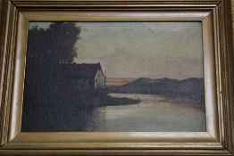 A GILT FRAMED OIL ON CANVAS OF A LAKESIDE SCENE 43 X 34 CM