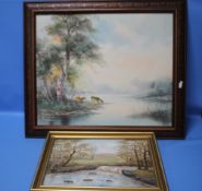 AN OIL ON CANVAS PAINTING DEPICTING CATTLE DRINKING TOGETHER WITH AN OIL ON BOARD DEPICTING A