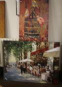 TWO MODERN OIL ON CANVASES ONE DEPICTING A CAFE SCENE, THE OTHER TWO BIRDS SITTING ON A CAGE