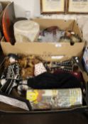 TWO BOXES OF COLLECTABLES TO INCLUDE PEARLY KING AND QUEEN DOLLS AND AN AFRICAN DRUM