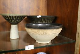 THREE STUDIO POTTERY BOWLS WITH CM MONOGRAM MARK