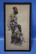 A SMALL FRAMED WATERCOLOUR OF SCANTILY CLAD LADIES 23 X 13 CM