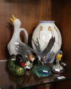 A STUDIO POTTERY VASE DECORATED WITH GEESE ALONG WITH A QUANTITY OF BIRD ORNAMENTS