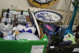 TWO BOXES OF CHINA AND GLASS TO INCLUDE BLUE & WHITE STORAGE JARS, CHEESE DISH, A PAIR OF LAWLEYS