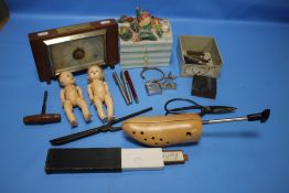 A QUANTITY OF COLLECTABLES TO INCLUDE PENS, CIGARETTE LIGHTERS, DOLLS AND A BAROMETER