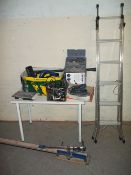 A SELECTION OF BOXED ELECTRIC TOOLS AND ONE ALUMINIUM MULTI FUNCTIONAL STEP LADDER