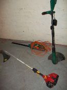 A PETROL STRIMMER, AN ELECTRIC HEDGE TRIMMER AND A CORDLESS BLACK & DECKER STRIMMER