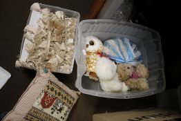 A BOX OF SOFT TOYS, CUSHIONS AND A BOX OF CLOTHES INCLUDING FUR HATS AND STRAW BOATERS