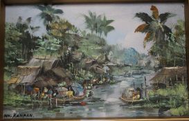 N. K. KAMPAN - A FRAMED OIL ON BOARD DEPICTING A FAR EASTERN RIVER SCENE, 31 X 23 CM