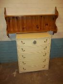 A LOUIS STYLE BOW FRONTED CHEST OF FIVE DRAWERS AND A PINE PLATE RACK