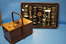 AN INLAID SEWING BOX ALONG WITH A FRAMED SELECTION OF NAUTICAL KNOTS