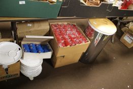 BRABANTIA STAINLESS STEEL WASH BASKET WITH WOODEN LID TOGETHER WITH FIVE BOXES OF PLASTIC CUPS, MUGS