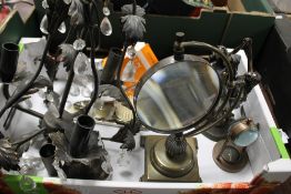 A CEILING , LIGHT FITTING, A MOUNTED MAGNIFYING GLASS, A COMPASS AND A METAL MIRROR, BRUSH AND