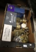 A TRAY OF METALWARE MAINLY BRASSWARE, BOXED DRINKING GLASSES, EDINBURGH CRYSTAL AND TUTBURY CRYSTAL