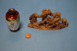 A SMALL ORIENTAL ENAMELLED WHITE METAL VASE ALONG WITH A SOAPSTONE CARVING