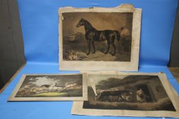 THREE MOUNTED ENGRAVINGS - HORSES FRIGHTENED BY LIGHTNING, THE HORSE FEEDER AND ANOTHER (3)