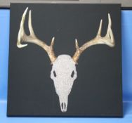 A MODERN CANVAS PICTURE OF AN ANIMAL SKULL WITH ANTLERS, 71 X 71 CM