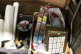 TWO BOXES OF COLLECTABLES TO INCLUDE MATCHBOX PLAYMAT, FRAMED CIGARETTE CARDS, SPICE GIRLS FIGURES