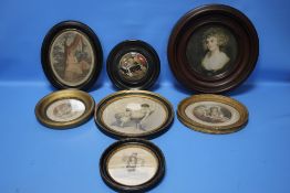A BOX OF FRAMED PICTURES AND PRINTS TO INCLUDE GEORGIAN EXAMPLES