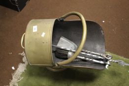 A BRASS COAL SCUTTLE, AND STEEL COMPANION SET