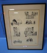 A FRAMED THELWELL PEN & INK SET OF DRAWINGS WITH LABEL ON BACK 