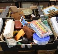 TWO TRAYS TO INCLUDE LEATHER LIFTING BELT, BRASSWARE, SMOKING PIPE, DARTS, CUTLERY SET, BAKELITE