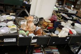 FOUR TRAYS OF CERAMICS, SUNDRIES ETC. TO INCLUDE MUGS AND MATCHING VASES,JUG & BOWL SET, PART