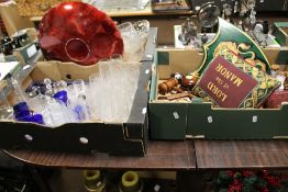 THREE TRAYS OF SUNDRIES TO INCLUDE AUCTIONEER'S GAVEL, WOODEN CLOCK, BOXED CAKE KNIFE, GLASSWARE