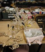 A PAIR OF GILT WALL ART TOGETHER WITH AN EIGHT ARM CEILING LIGHT FITMENT WITH BULBS