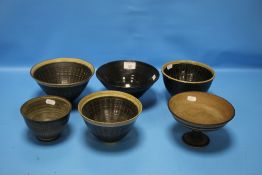 SIX STUDIO POTTERY BOWLS SOME WITH CM MONOGRAM