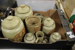 A TRAY OF CERAMIC POTS, FLOUR, COFFEE ETC. SOME LIDDED (TRAY NOT INCLUDED)