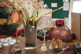 THREE TABLE LAMPS WITH SHADES , FLORAL DISPLAY AND PLASTIC VASE