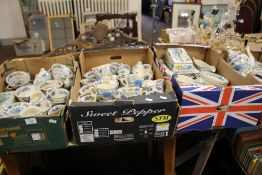 SEVEN TRAYS OF MASONS 'REGENCY' PATTERN TEA AND DINNERWARE ETC., TO INCLUDE TUREENS, TEAPOT, ETC.