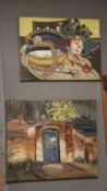 TWO OIL ON CANVAS PAINTINGS - A WALLED GARDEN AND A SEWING BOX, BOTH SIGNED M. MARTIN