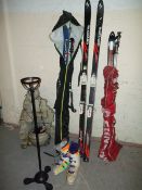 THREE SETS OF SKIS AND A GARDEN WATER FEATURE