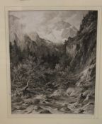 A FRAMED PRINT DEPICTING A MOUNTAINSIDE SCENE WITH DEER IN FOREGROUND SIGNED L. FAUSTNER