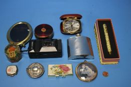 A TIN OF COLLECTABLES TO INCLUDE A HIP FLASK
