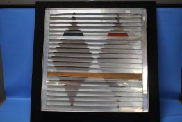 A MODERN ART WORK CONSISTING OF METAL STRIPS - SOME NEED RE-GLUEING, 74 X 74 CM