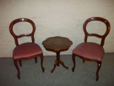 TWO REPRODUCTION BALLOON BACK CHAIRS AND AN INLAID PEDESTAL WINE TABLE