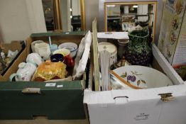 TWO TRAYS TO INCLUDE BISCUIT BARREL, COTTAGE WARE, MIRROR, TEAPOT, MUGS ETC.