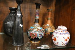 FIVE VASES TO INCLUDE A CLOISONNE ENAMEL EXAMPLE AND TWO STUDIO POTTERY EXAMPLES