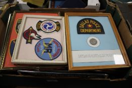TWELVE FRAMED POLICE RELATED CLOTH BADGES AND A BUNDLE OF LOOSE CLOTH BADGES AND SIX AMERICAN