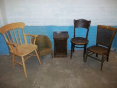 FIVE ITEMS TO INCLUDE FOUR CHAIRS AND AN ANTIQUE DECORATED OAK CUPBOARD