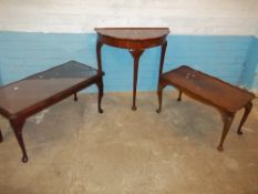 AN INLAID CABRIOLE LEG, A REPRODUCTION DEMI LUNE HALF MOON TABLE AND A MATCHING COFFEE TABLE